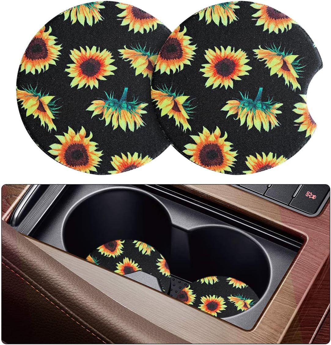 2 Pack Car Coasters for Drinks Absorbent - 2.75 Inch Cute Car Cup Holder Coasters for Women, Removable Cup Holder Coaster for Your Car, Car Interior Accessories for Women & Girls (Sunflower)