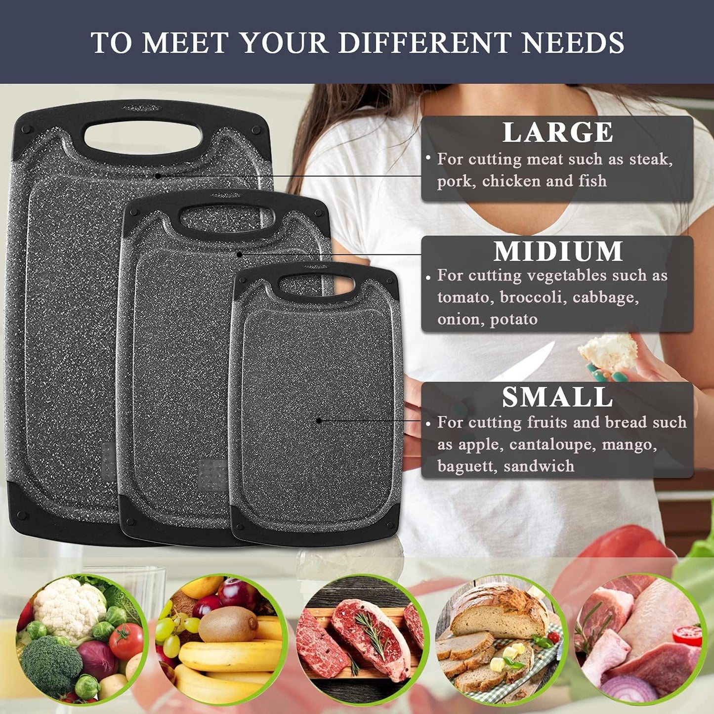 3-Piece Cutting Board Set – Non-Slip, Dishwasher Safe with Juice Groove & Grip Handle (Large, Medium, Small)