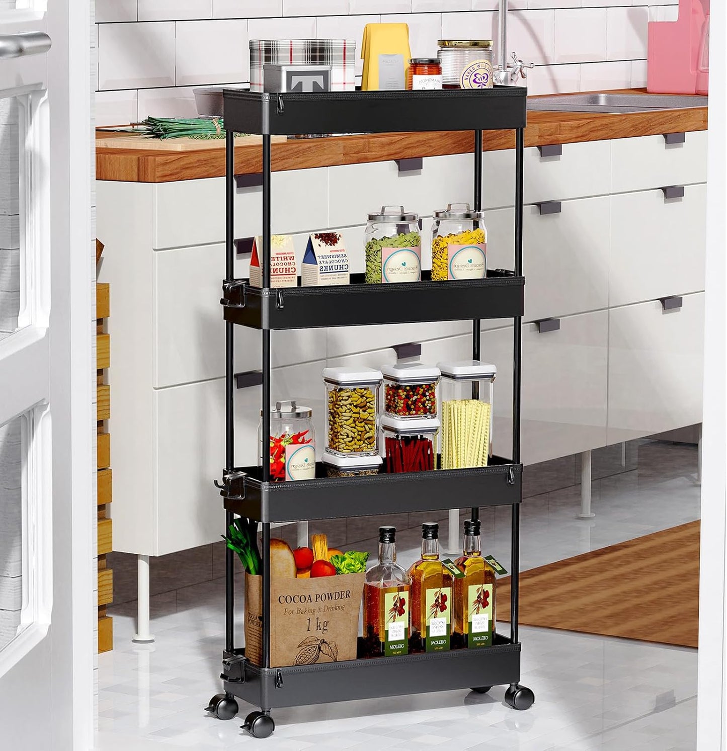 Slim Rolling Storage Cart 4 Tier Organizer Mobile Shelving Unit Utility Cart Tower Rack for Kitchen Bathroom Laundry Narrow Places, Black