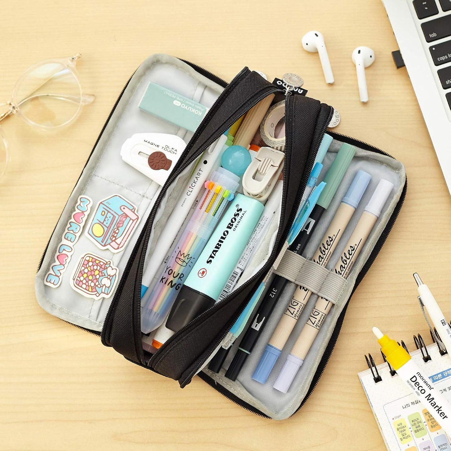 Large Capacity Pencil Case – 3-Zip Compartment Organizer Pouch (Black)