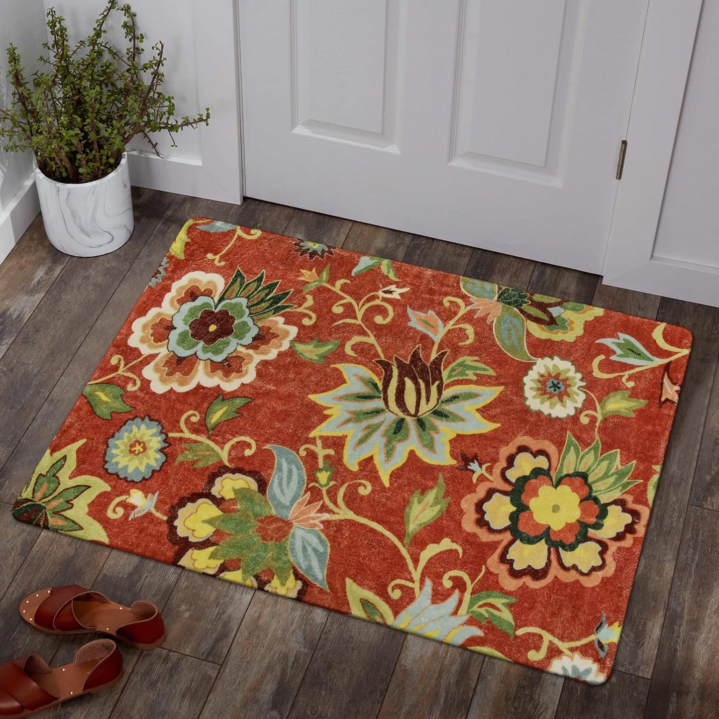 Red Kitchen Rug – 2'x3' Washable Non-Slip Modern Floral Entry Mat for Bathroom, Bedroom, or Doorway