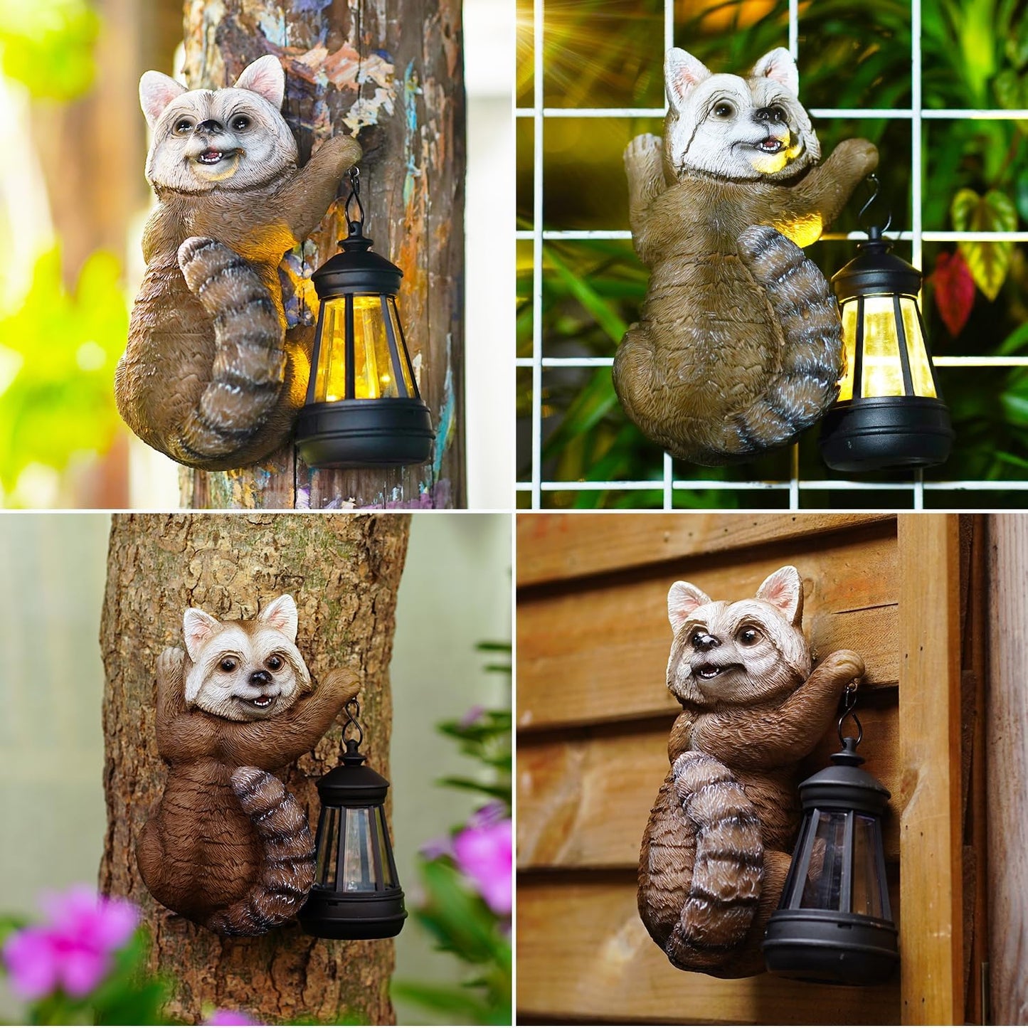 Raccoon Tree Hanger with Solar Lantern – 7.4” Outdoor Garden Decor Statue for Yard, Patio, or Fence | Charming Animal Gift for Women & Moms