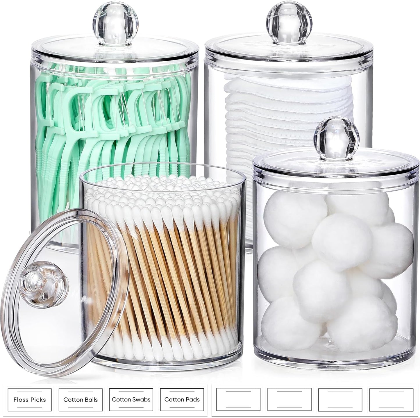 4-Pack Acrylic Qtip Holder Set – Clear Vanity Canisters for Cotton Swabs, Pads & Bathroom Essentials
