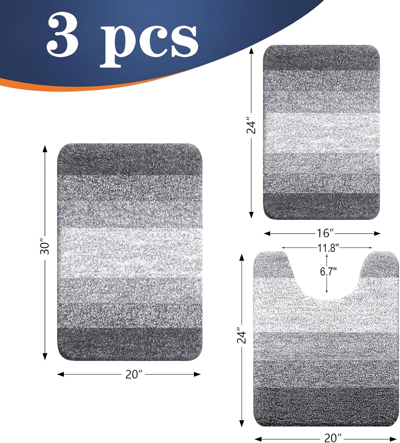 3-Piece Bathroom Rug Set – Soft Shaggy Microfiber Mats with Toilet Contour (Grey)