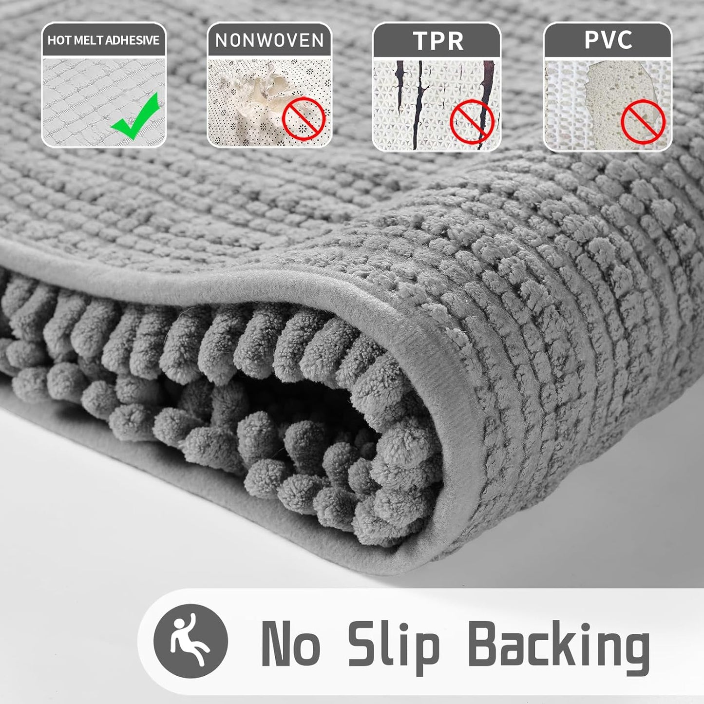 Non Slip Washable Chenille Bath Rug 24x17 – Soft Absorbent Quick-Dry Bathroom Mat, Gray