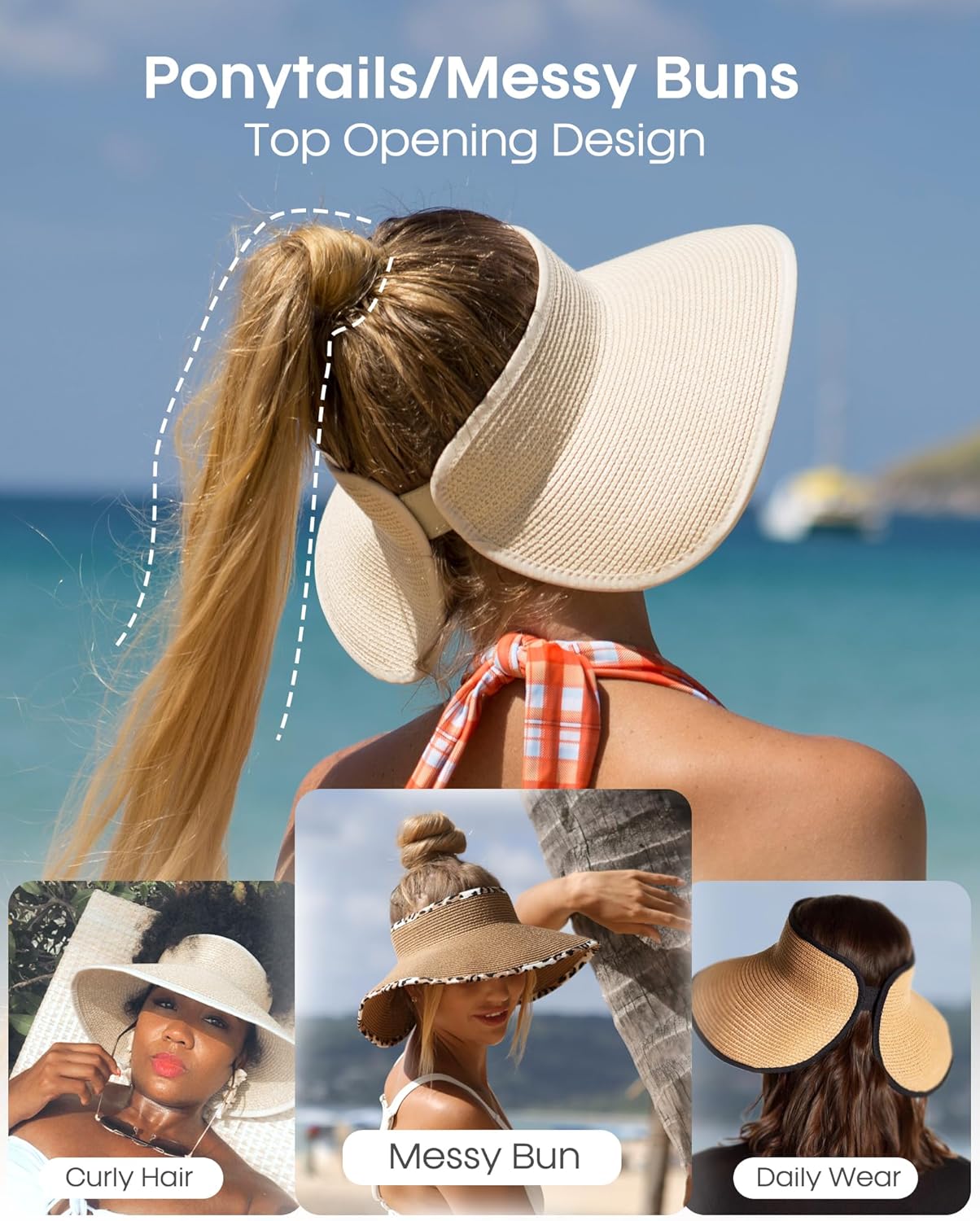 Women’s Wide Brim Straw Sun Hat – UV Protective, Foldable Beach Visor with Ponytail Slot