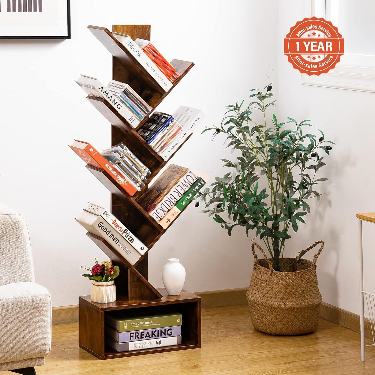6-Shelf Tree Bookshelf – Tall Rustic Brown Wood Bookcase for Living Room, Bedroom & Office