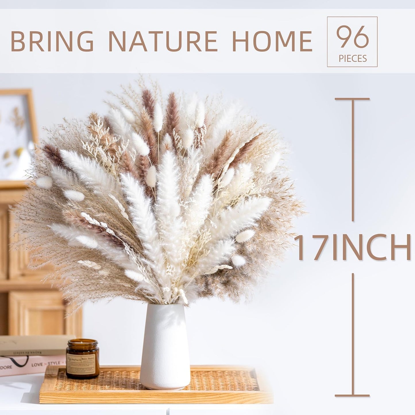 96PCS Natural Dried Pampas Grass – Boho Floral Bouquet for Home & Wedding Decor