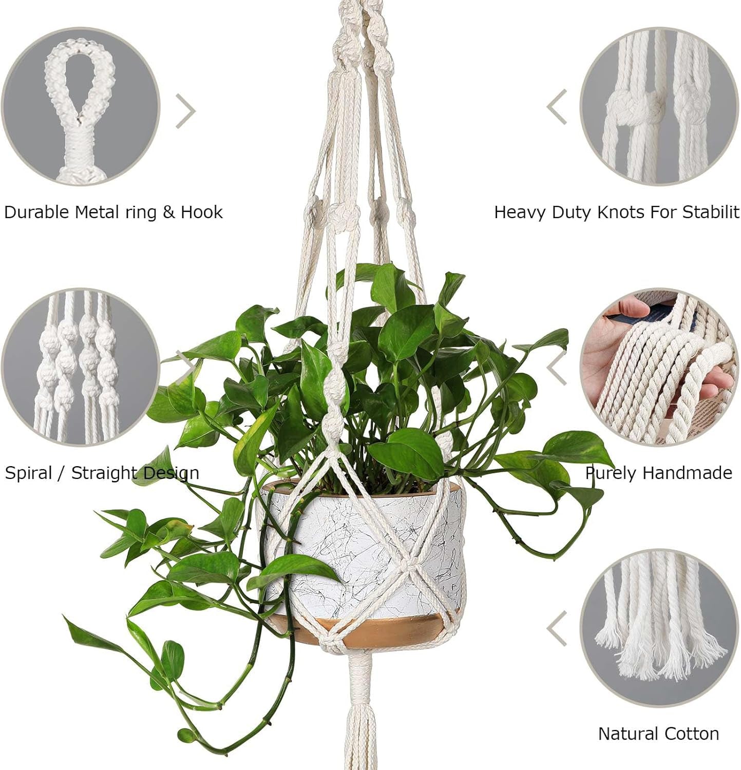 3 Pack Macrame Plant Hanger Indoor Hanging Planter for Plants Holder with 3 Hooks, Different Size for Boho Home Decor,Ivory(Pots NOT Included)