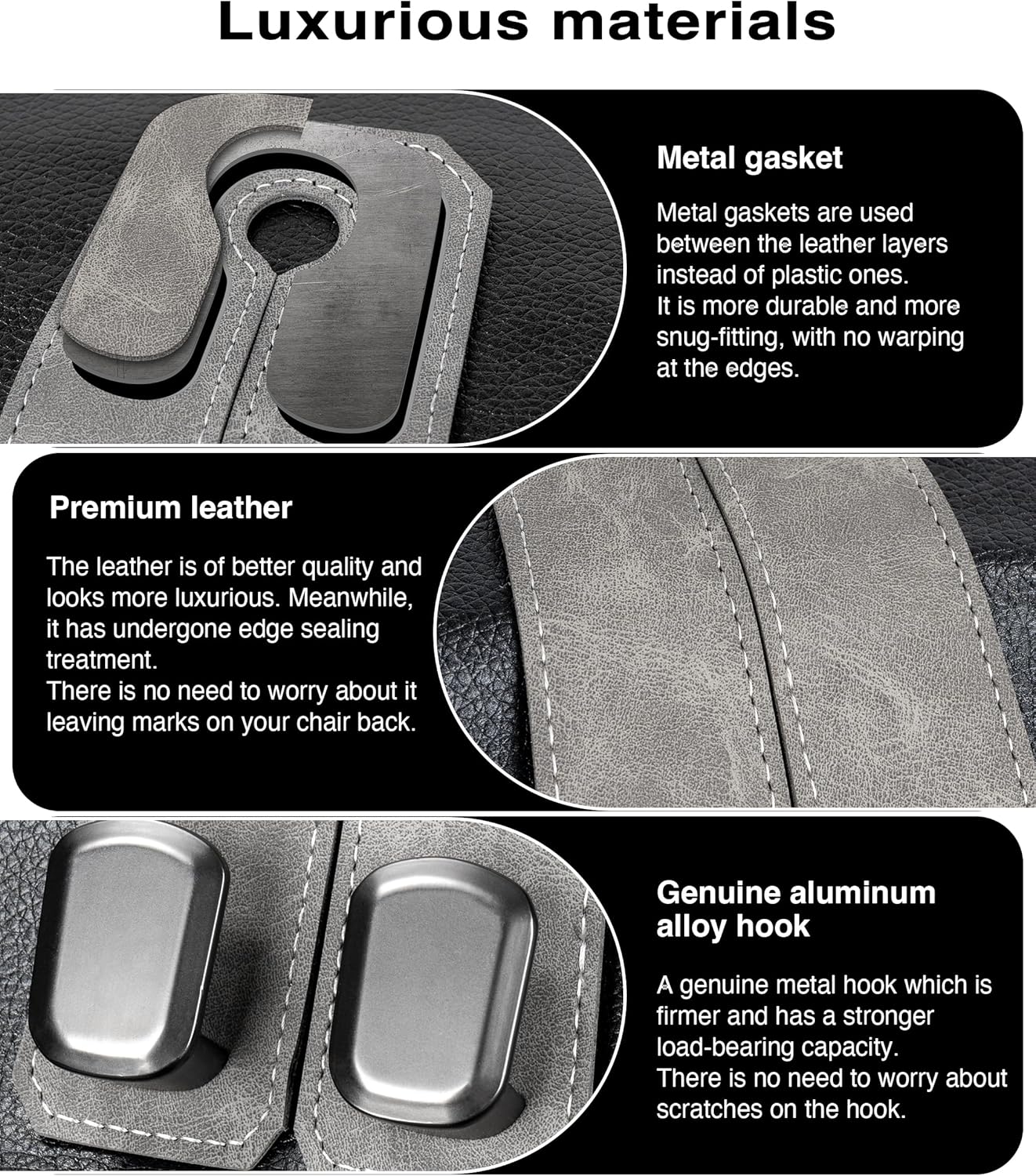 Car Purse Holder Hook, 2PCS Car Hooks for Headrest Luxurious Leather 100% Metal Car Hangers for Seat Multifunctional Car Bag Hook Car Seat Back Storage Hook Accessories (Grey)
