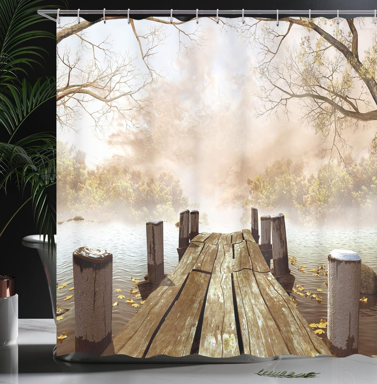 Autumn Lake Shower Curtain – 69x70" Fabric Bathroom Set with Hooks, Rustic Jetty & Foggy Forest Print in Brown Beige
