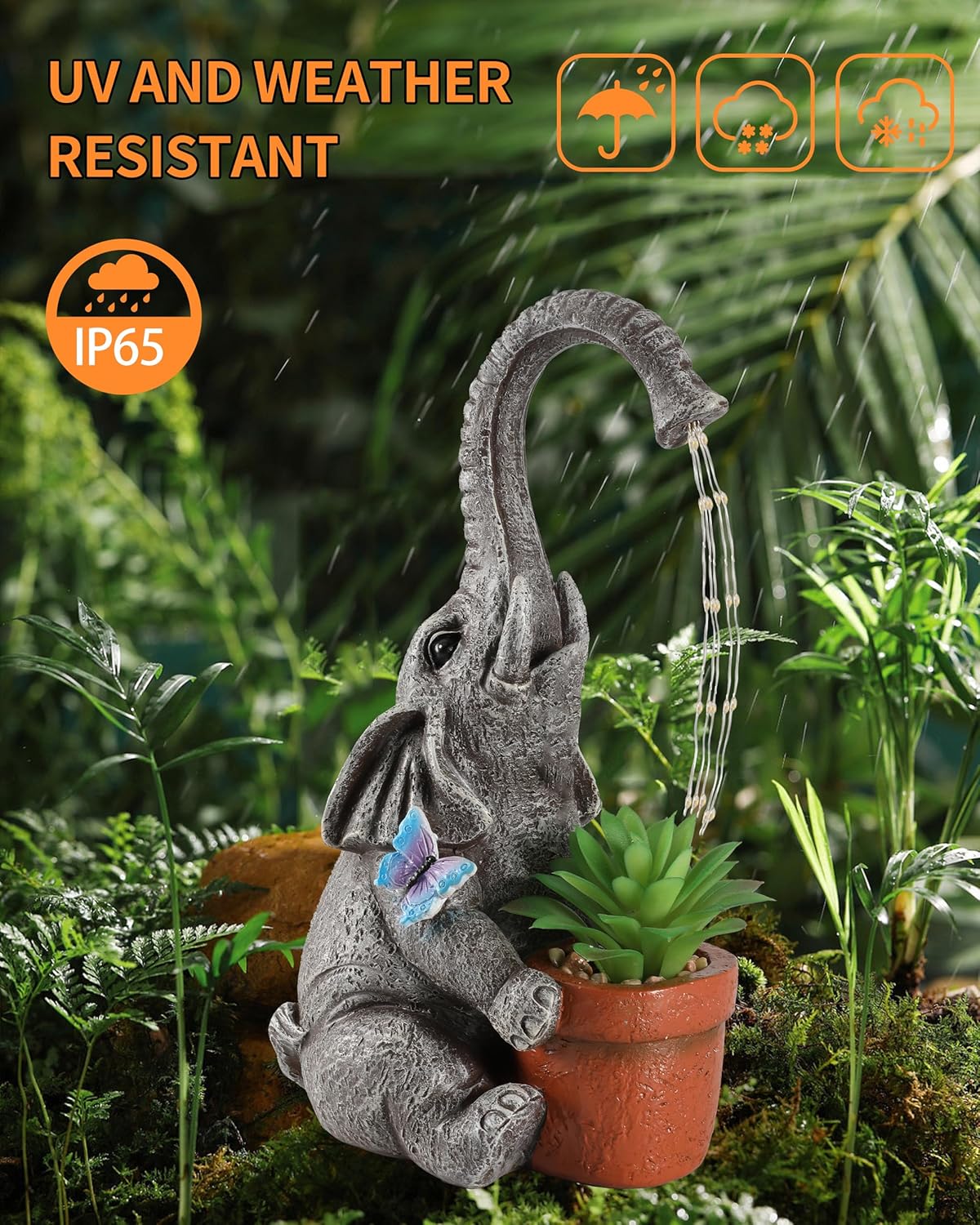 Solar Elephant Garden Statue with Succulent Planter – 11” Hand-Painted Resin Lawn Ornament