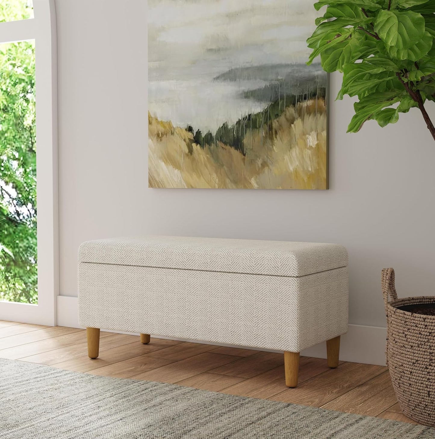 Malmo Cream Chevron Woven Storage Bench – Decorative Entryway or Bedroom Organizer