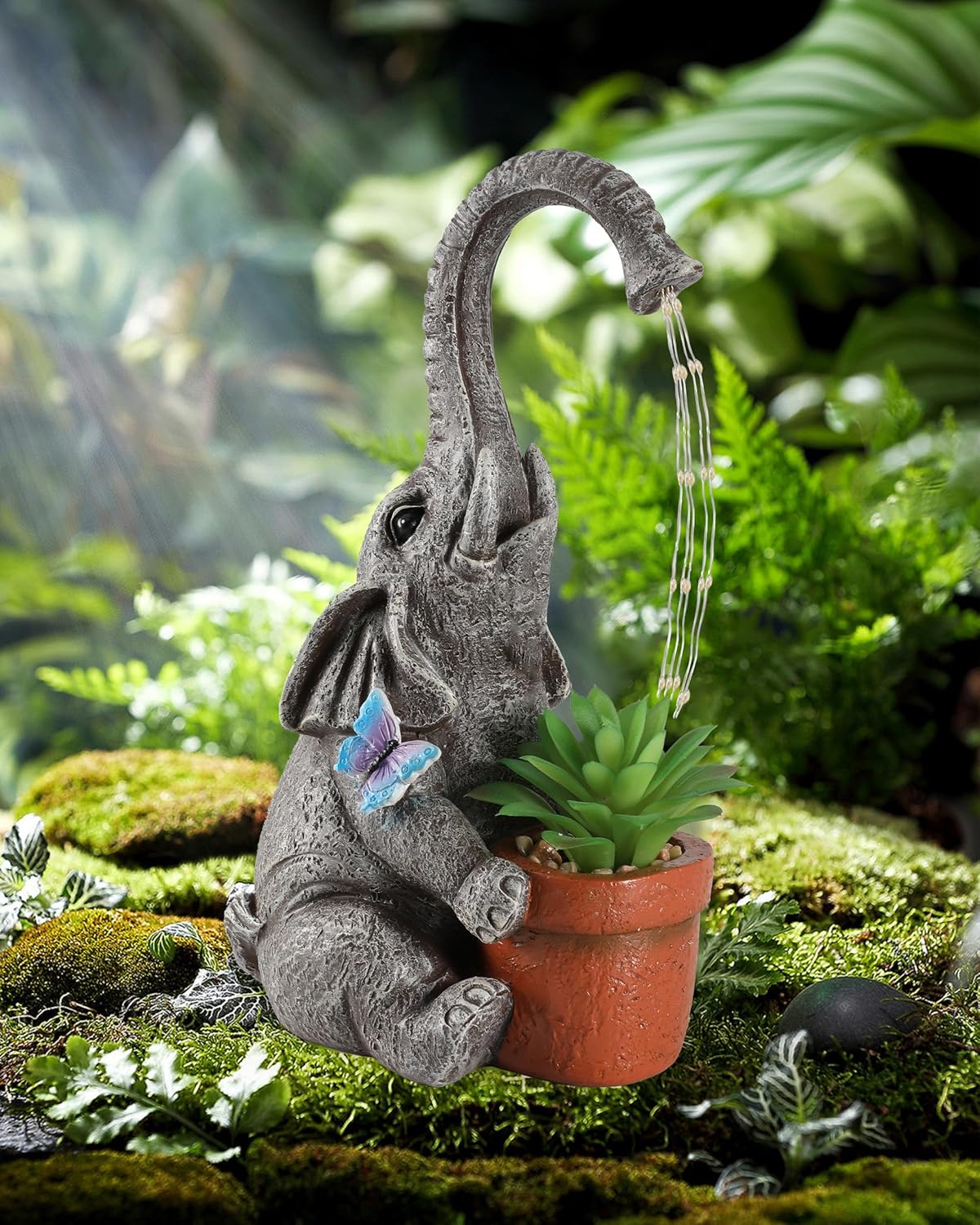 Solar Elephant Garden Statue with Succulent Planter – 11” Hand-Painted Resin Lawn Ornament