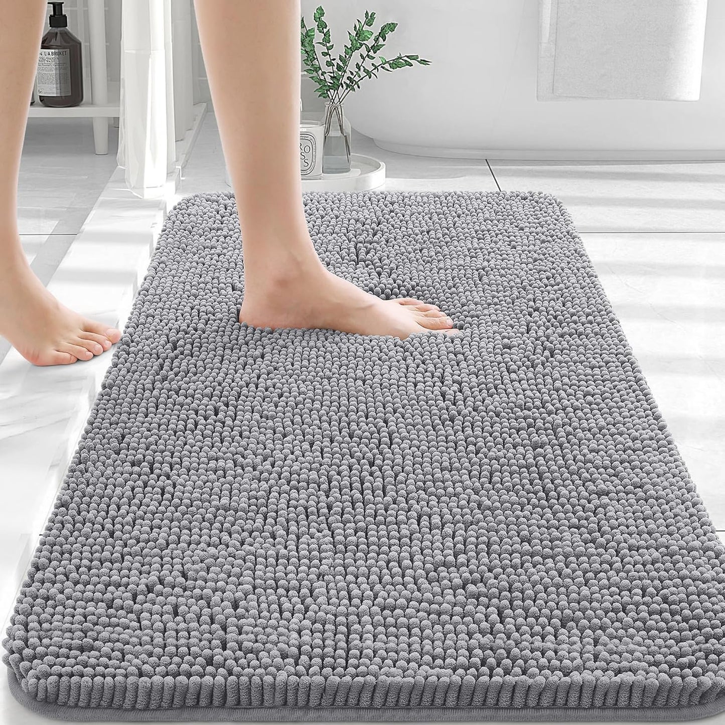 Chenille Bath Rug 30x20 – Extra Soft Quick-Dry Bathroom Mat with Rubber Backing (Grey)