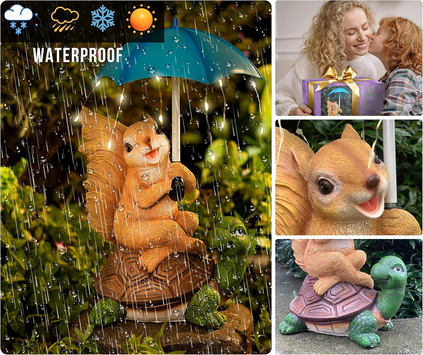 Solar Garden Statue – Squirrel on Turtle with Umbrella & String Lights for Patio & Lawn Decor