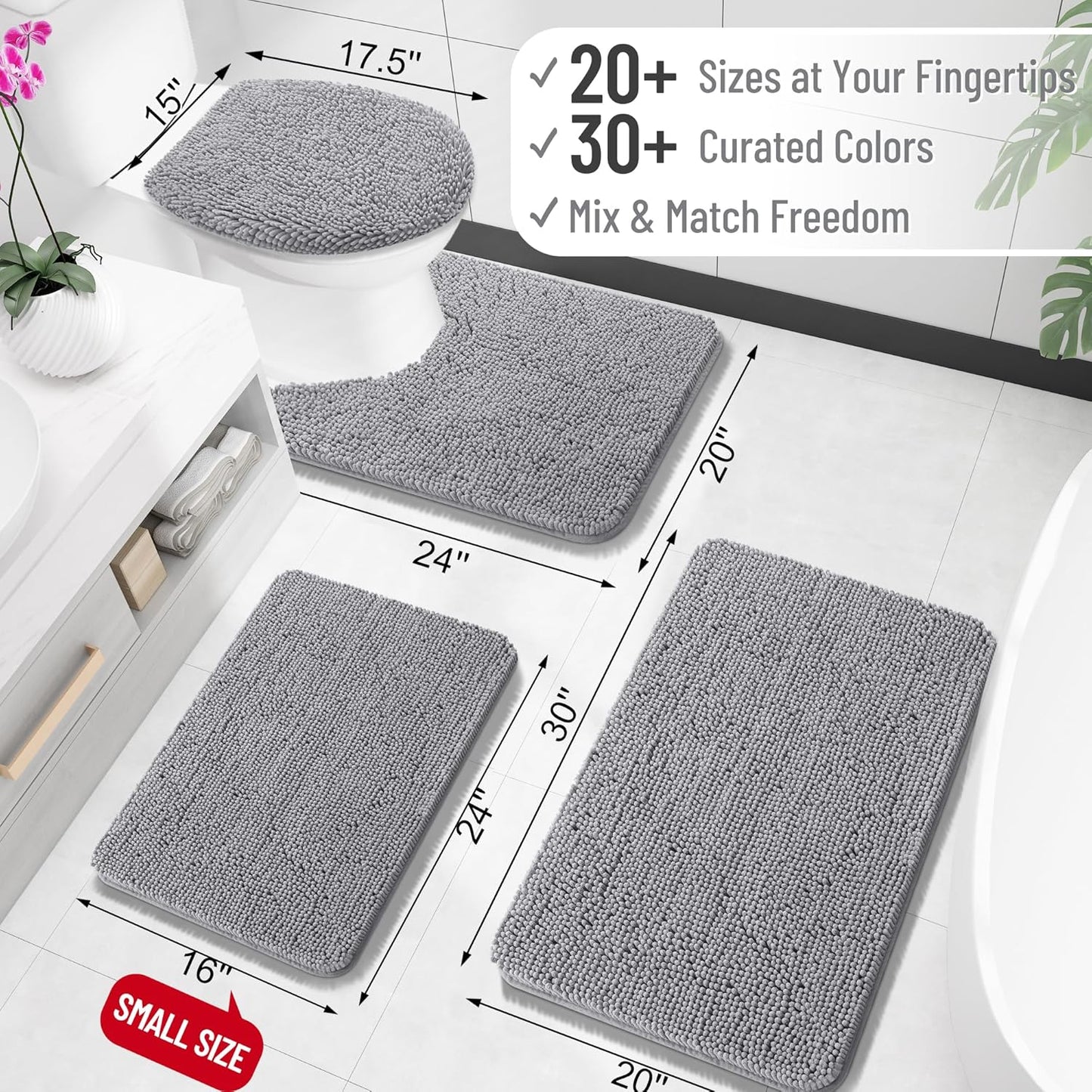 Chenille Bath Rug 30x20 – Extra Soft Quick-Dry Bathroom Mat with Rubber Backing (Grey)