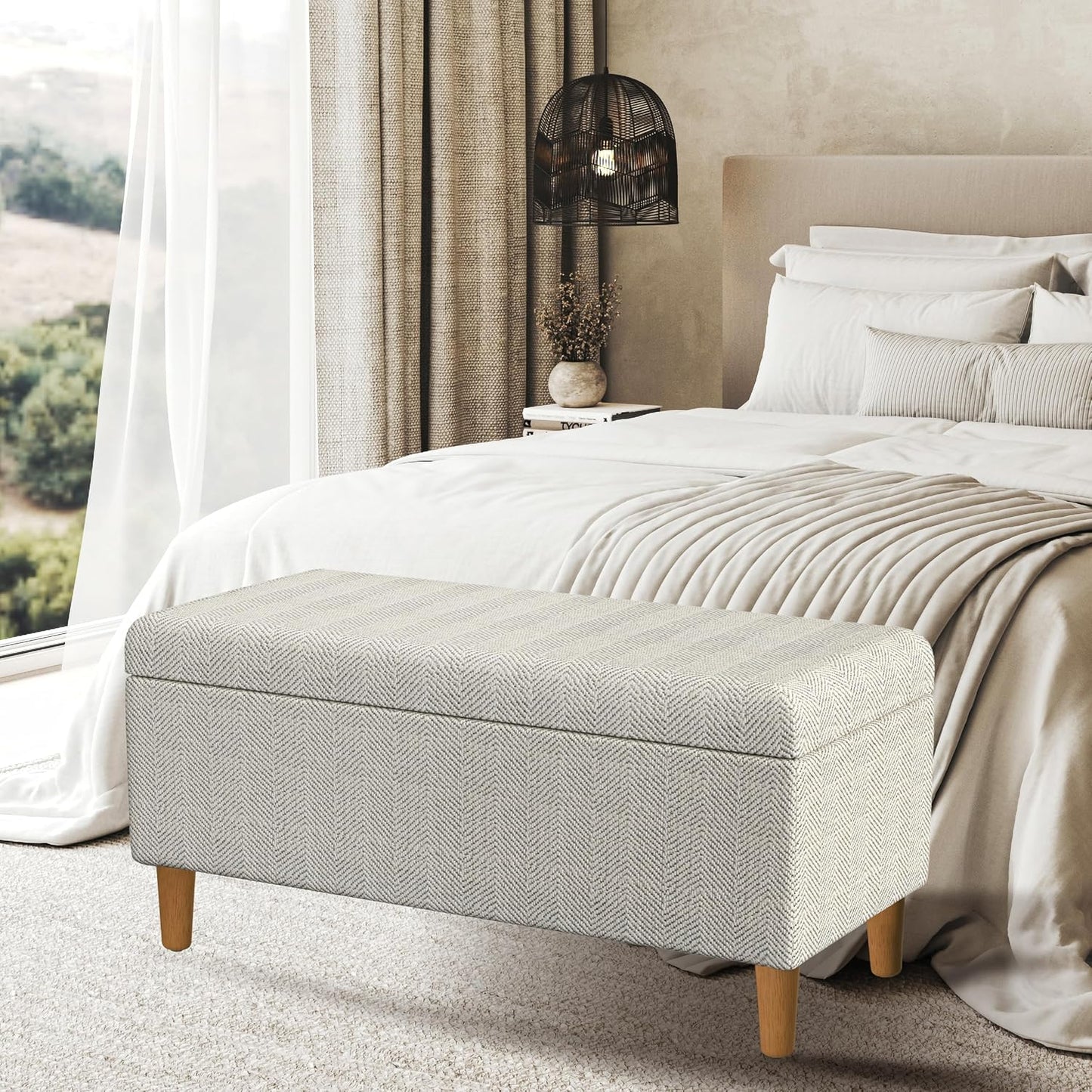 Malmo Cream Chevron Woven Storage Bench – Decorative Entryway or Bedroom Organizer