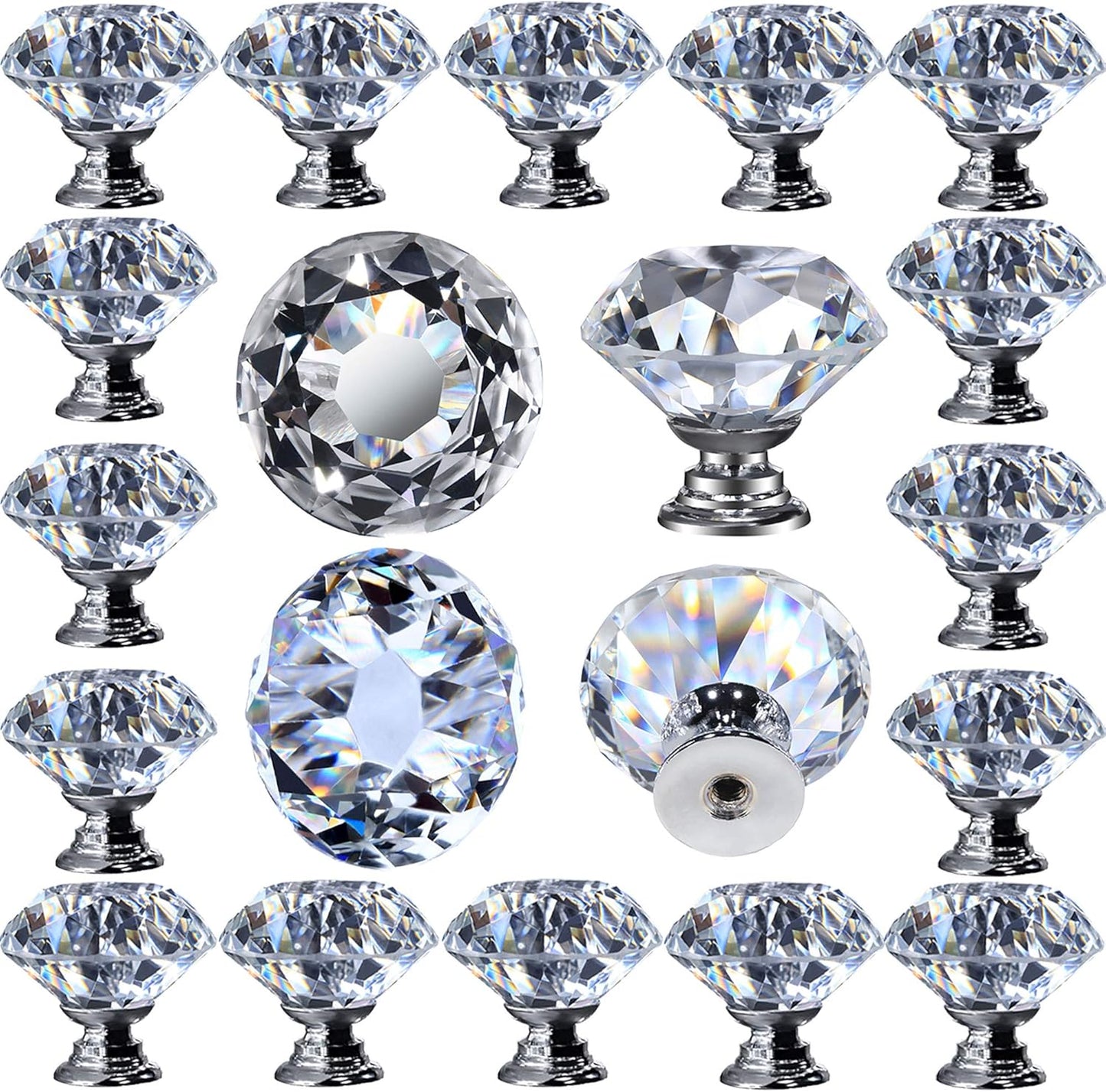 12-Pack Clear Crystal Cabinet Knobs – 30mm Glass Drawer Pulls with Silver Base