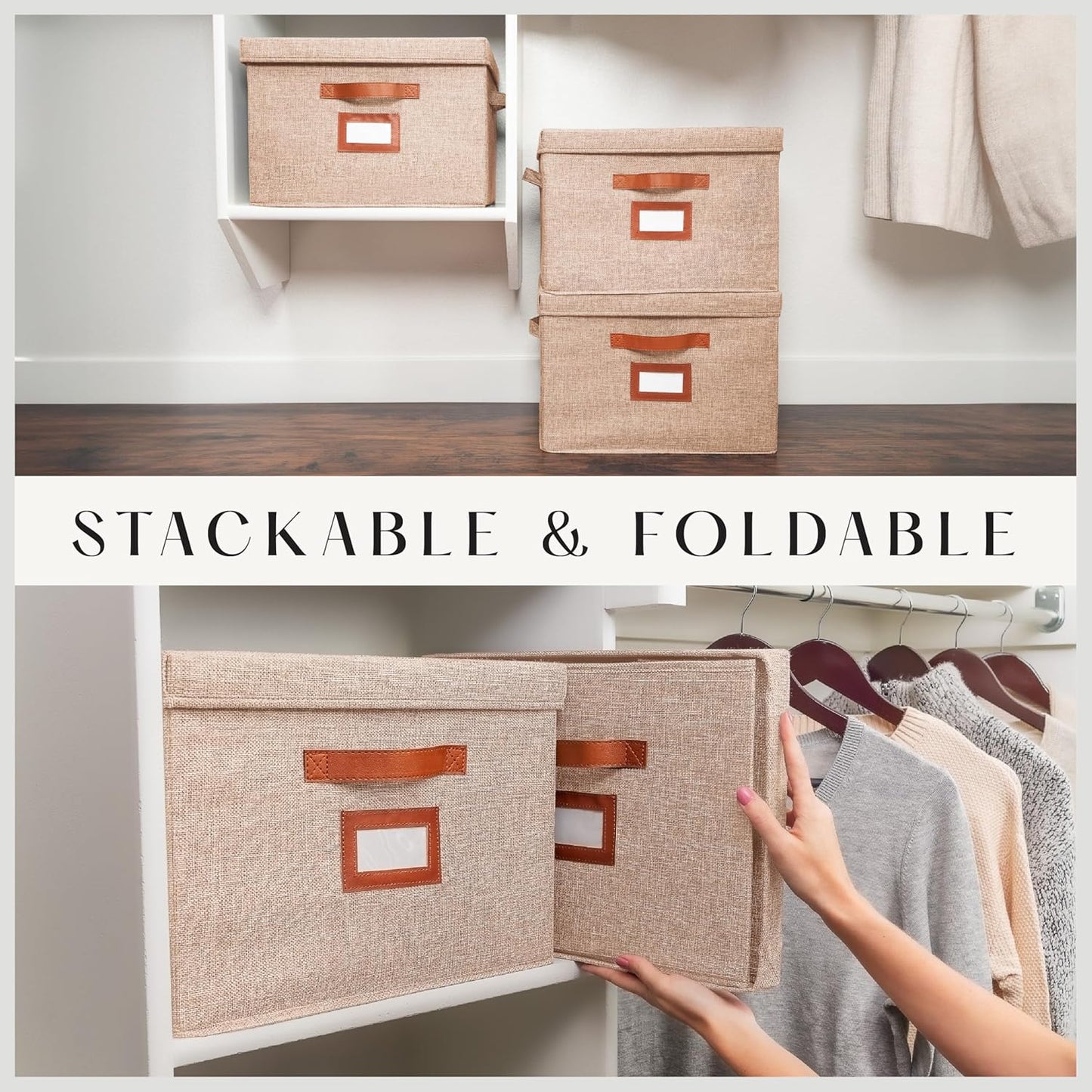 3-Pack Large Fabric Storage Boxes with Lids – Decorative Foldable Bins with Label Holder & Faux Handles (Oatmeal)