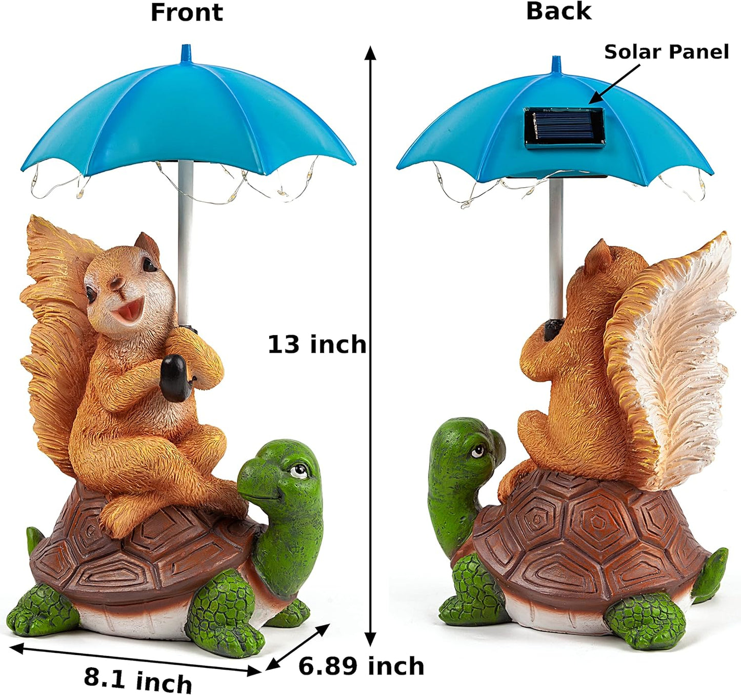 Solar Garden Statue – Squirrel on Turtle with Umbrella & String Lights for Patio & Lawn Decor