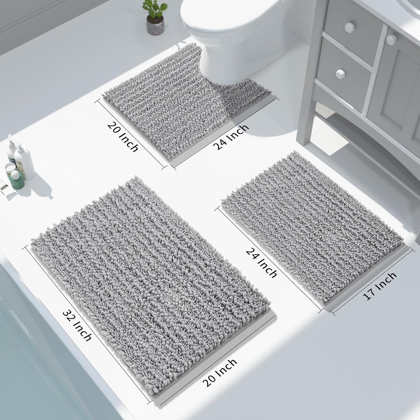 Non Slip Washable Chenille Bath Rug 24x17 – Soft Absorbent Quick-Dry Bathroom Mat, Gray