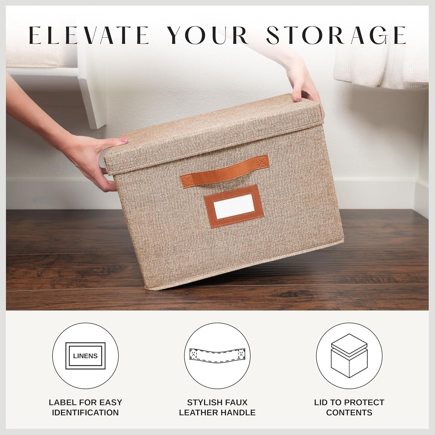 3-Pack Large Fabric Storage Boxes with Lids – Decorative Foldable Bins with Label Holder & Faux Handles (Oatmeal)