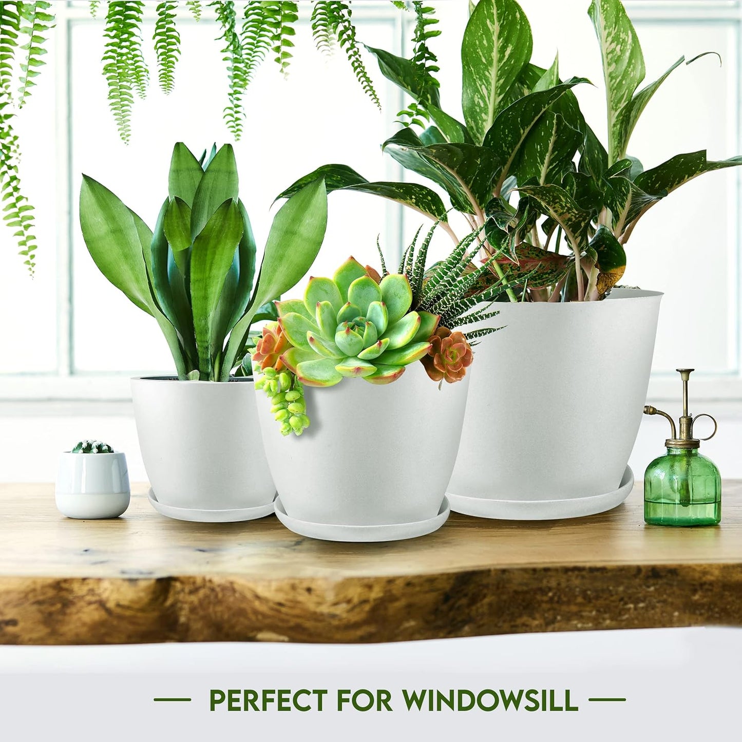 5-Pack White Indoor Plant Pots with Drainage – Modern Plastic Planters (7 to 4.8 Inches) for Home, Office & Gift Decor
