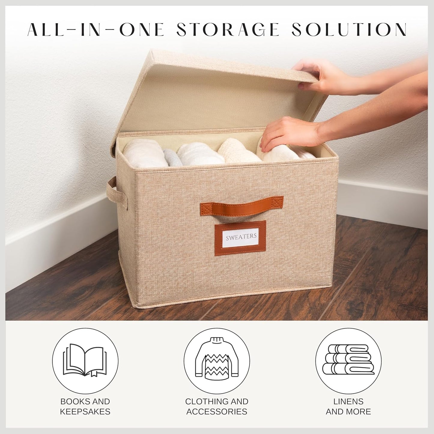 3-Pack Large Fabric Storage Boxes with Lids – Decorative Foldable Bins with Label Holder & Faux Handles (Oatmeal)