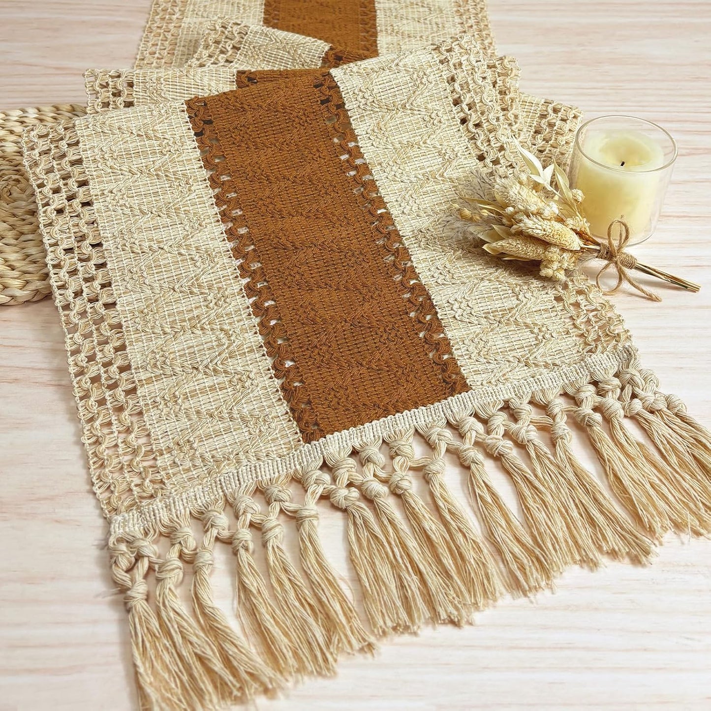 Boho Macrame Table Runner – 72" Rustic Farmhouse Burlap with Tassels