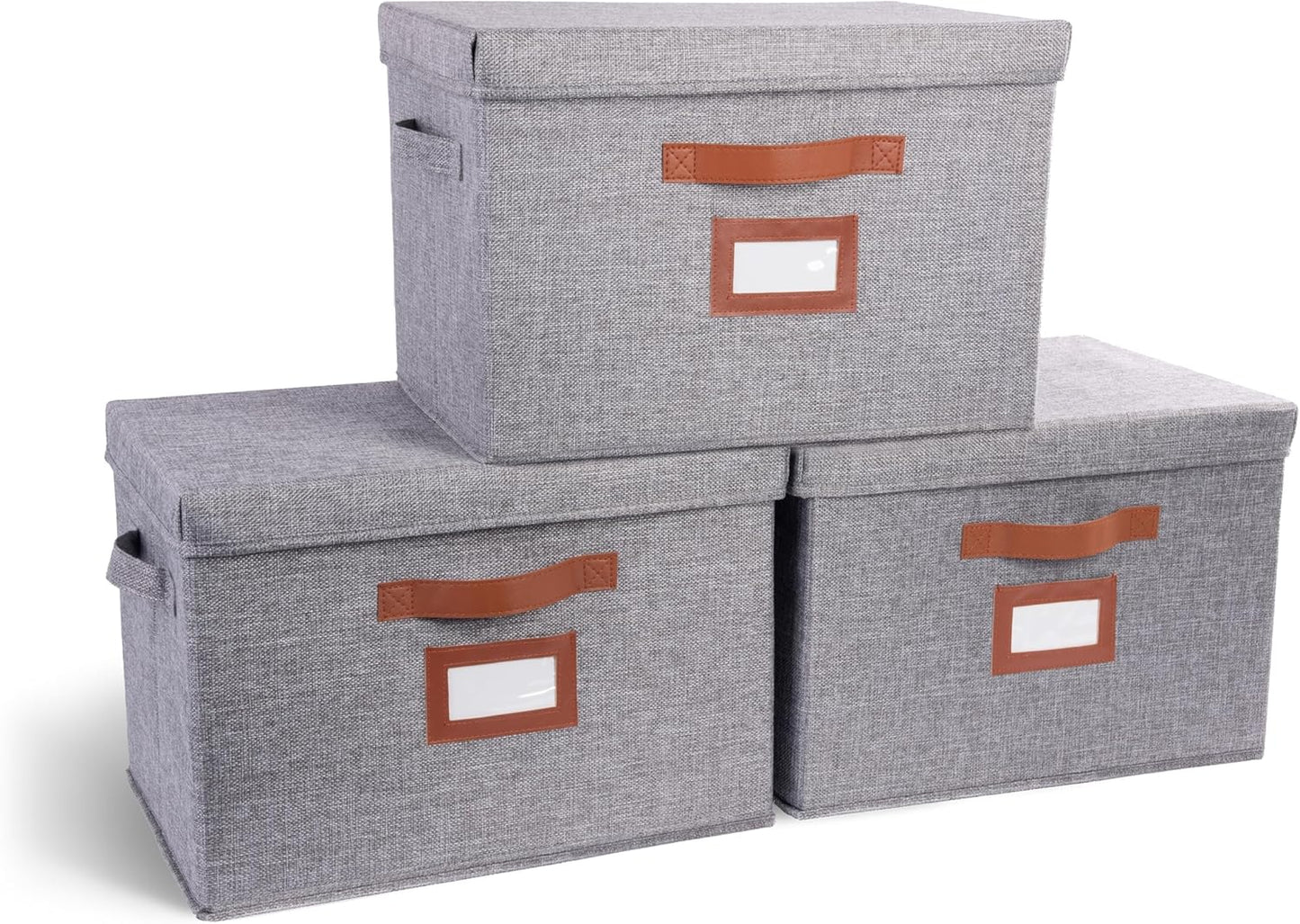 3-Pack Large Fabric Storage Boxes with Lids – Decorative Foldable Bins with Label Holder & Faux Handles (Oatmeal)