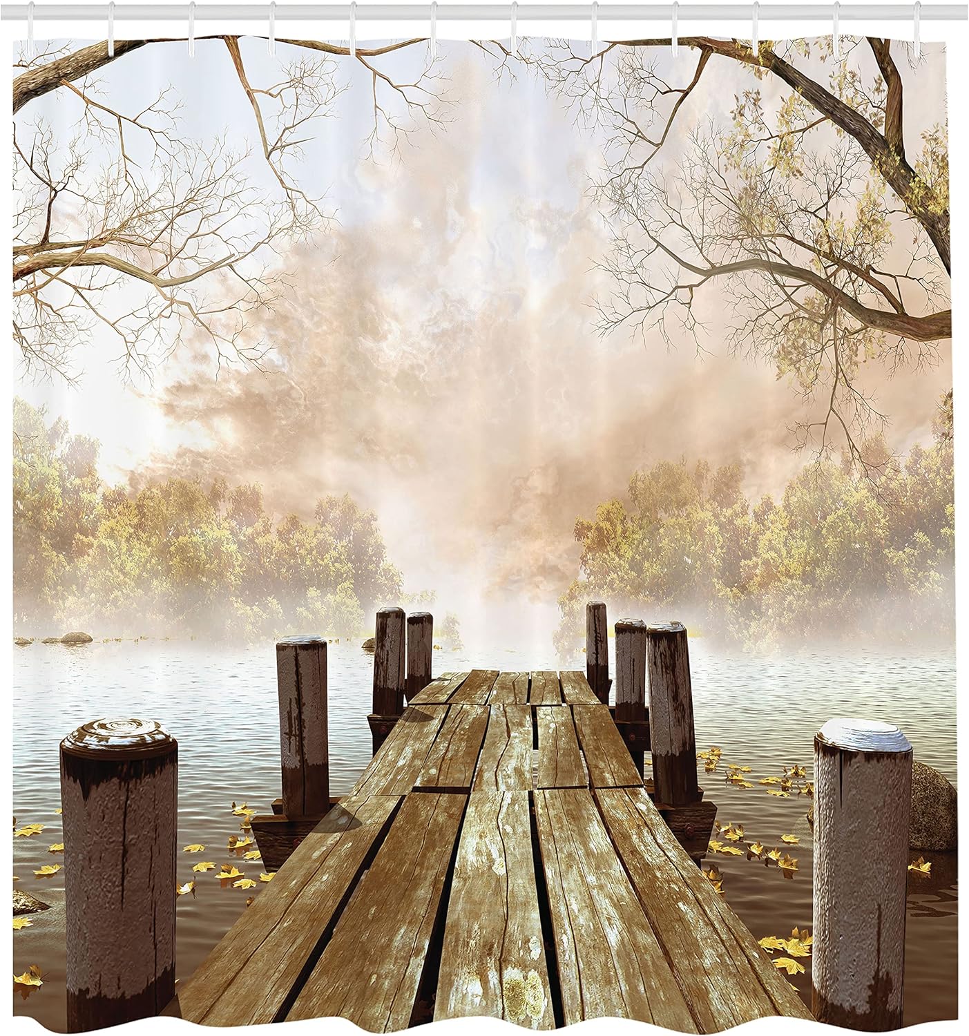 Autumn Lake Shower Curtain – 69x70" Fabric Bathroom Set with Hooks, Rustic Jetty & Foggy Forest Print in Brown Beige