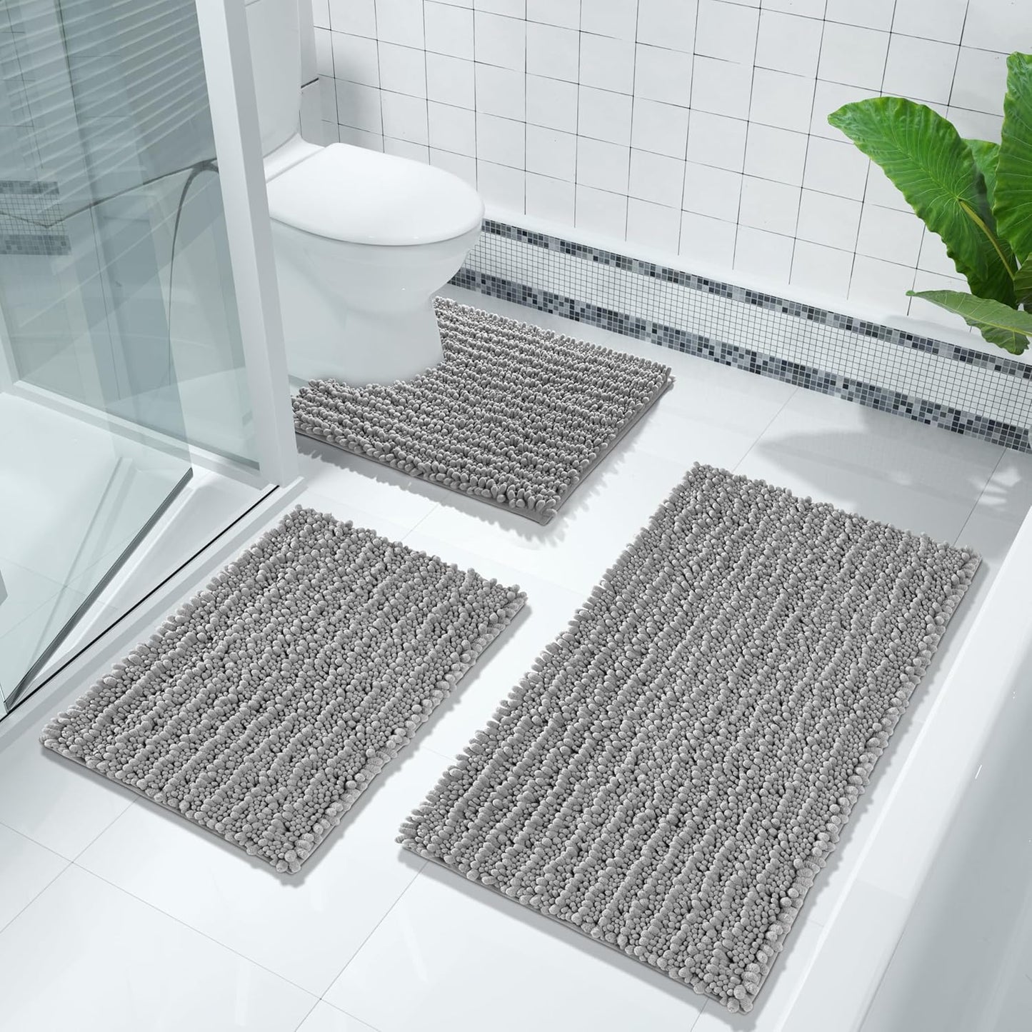 Non Slip Washable Chenille Bath Rug 24x17 – Soft Absorbent Quick-Dry Bathroom Mat, Gray