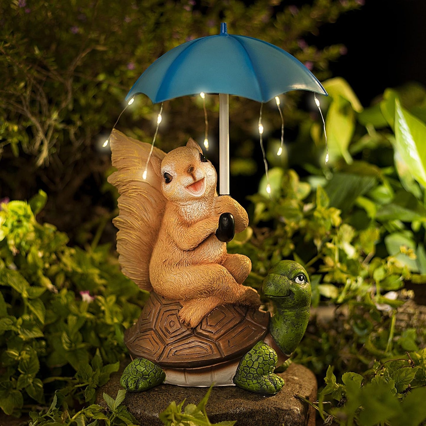 Solar Garden Statue – Squirrel on Turtle with Umbrella & String Lights for Patio & Lawn Decor