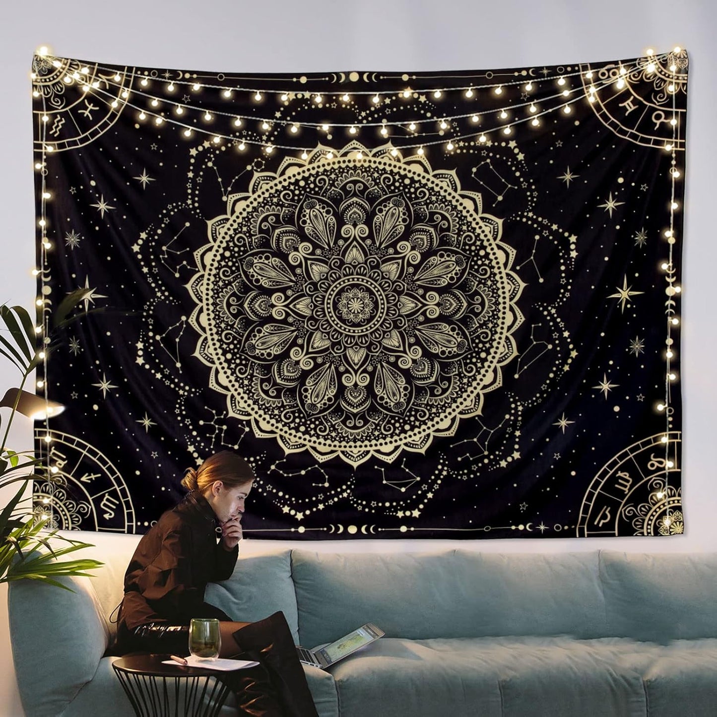 Black Golden Mandala Tapestry Astrology Space Wall Hanging Tapestries Wall Tapestrys Large Aesthetic Hippie Wall Decor Bohemian Wall Art Boho Home Talestry for Bedroom,Living Room,Ceiling