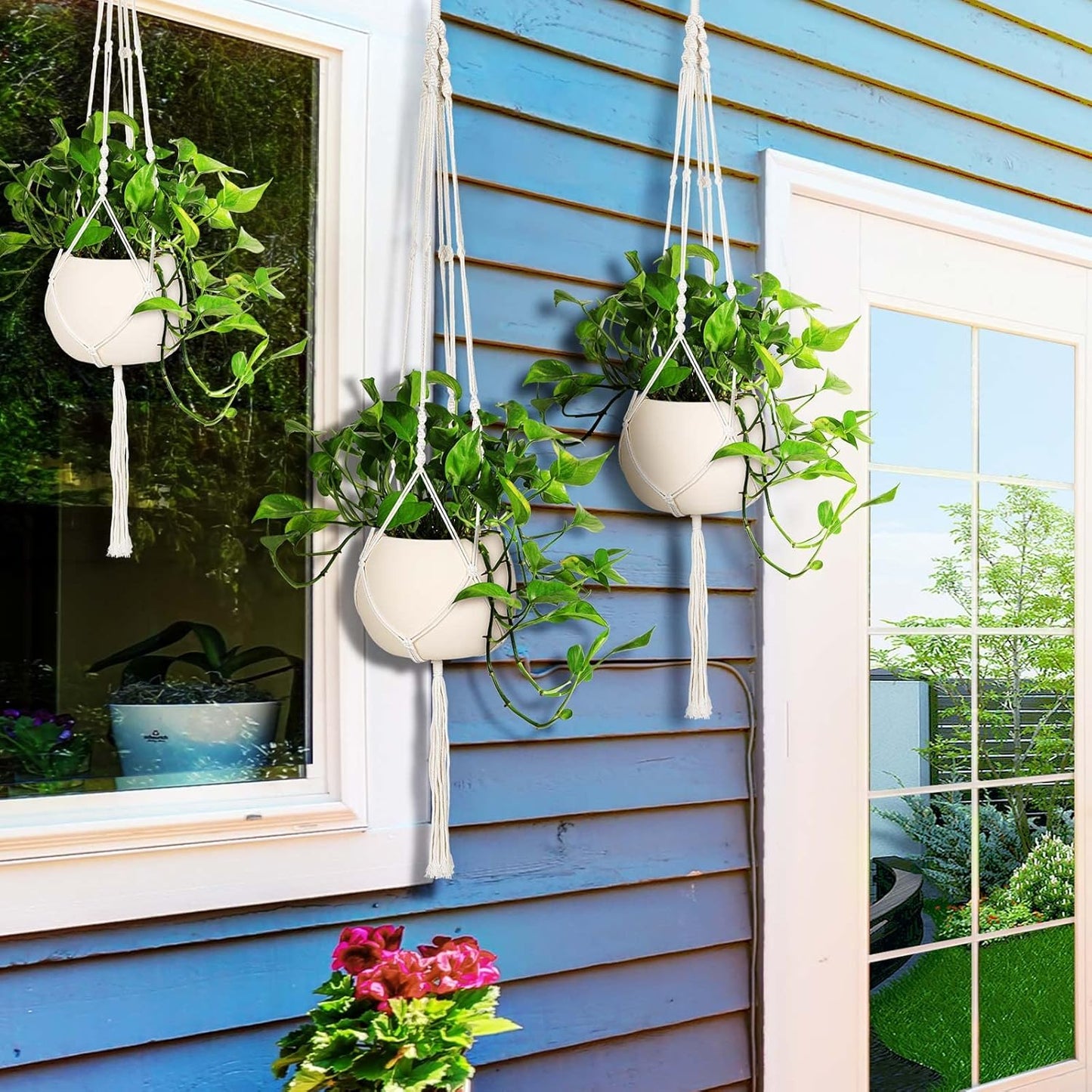 3 Pack Macrame Plant Hanger Indoor Hanging Planter for Plants Holder with 3 Hooks, Different Size for Boho Home Decor,Ivory(Pots NOT Included)