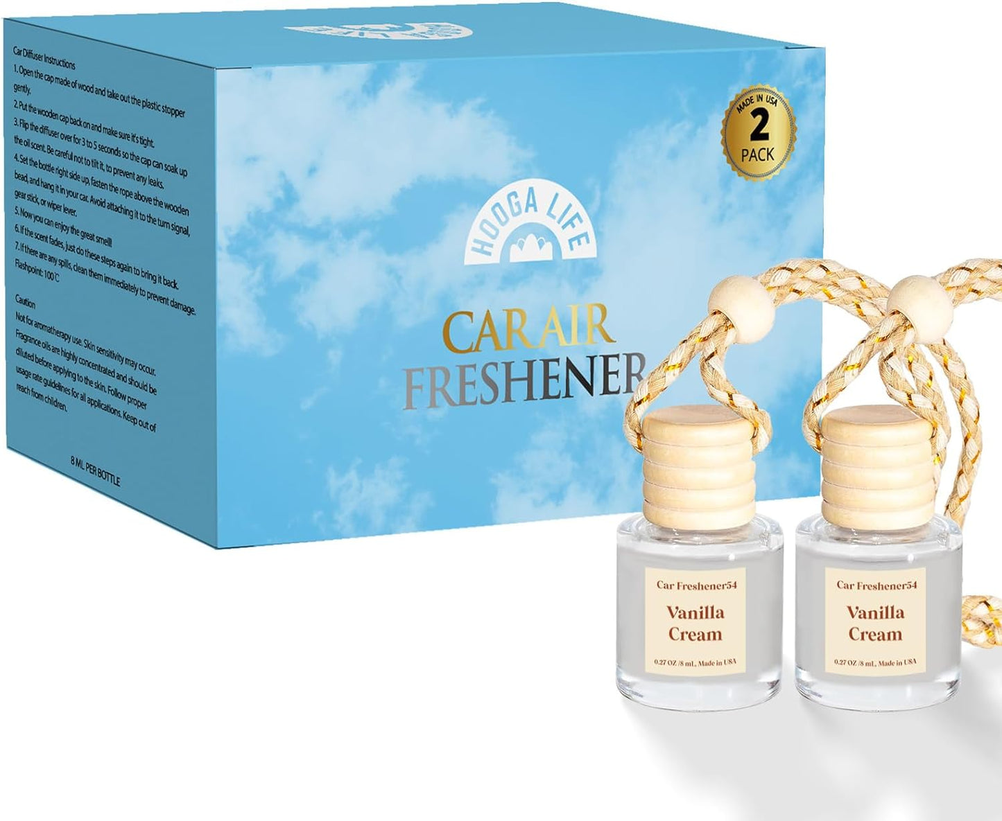 Car Air Freshener Diffuser 2 Pack – Vanilla Cream Hanging Fragrance Oil, Long-Lasting USA-Made Car Scent