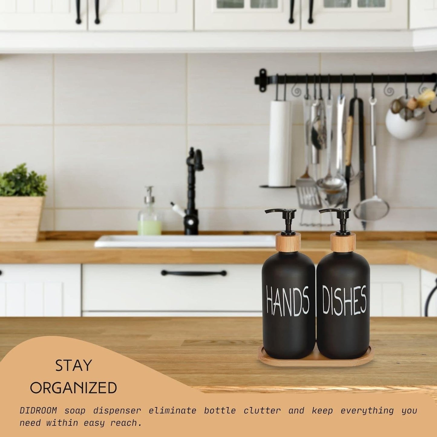 Glass Soap Dispenser Set with Bamboo Tray – Matte Black Vintage Pumps for Hand & Dish Soap, Kitchen & Bathroom Decor