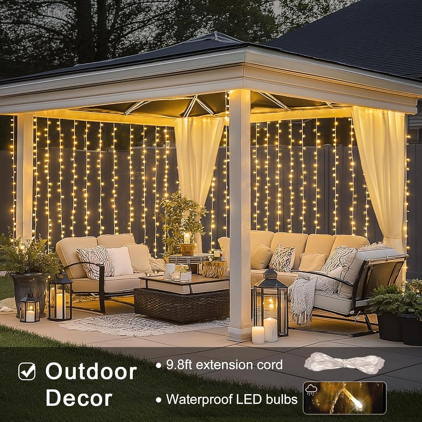 300 LED Warm White Fairy Curtain Lights – Remote-Controlled Plug-In String Lights for Indoor/Outdoor Wall & Window Decor