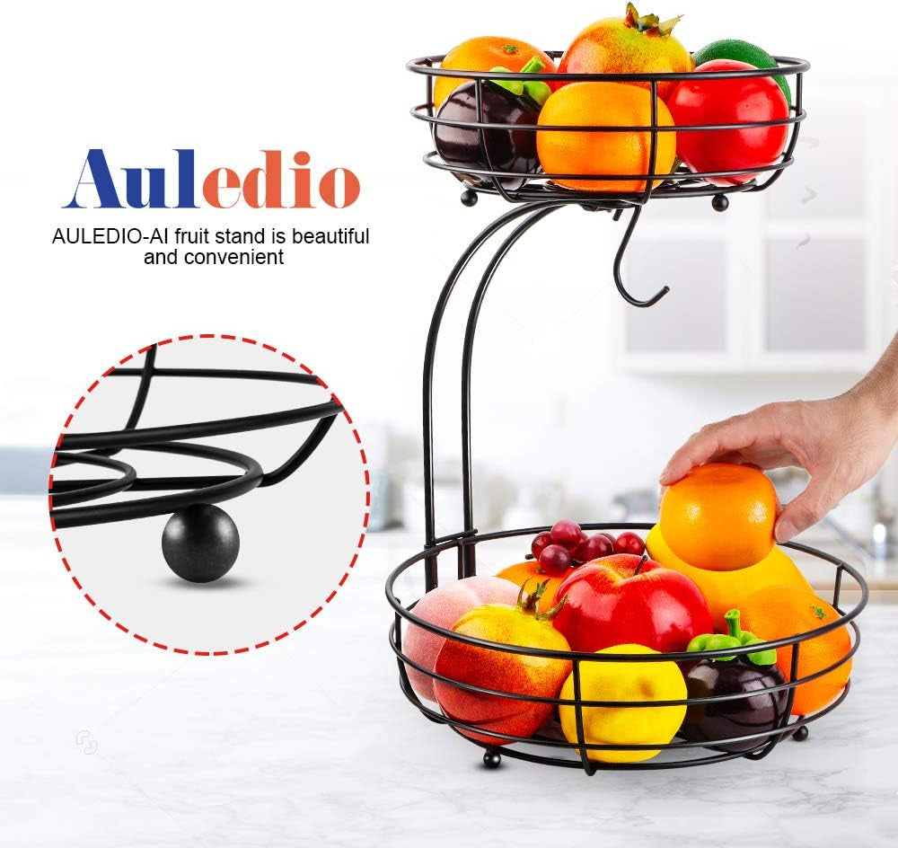 2-Tier Black Iron Fruit Basket Bowl with Banana Hanger – Countertop Storage for Fruits & Vegetables, 64 oz