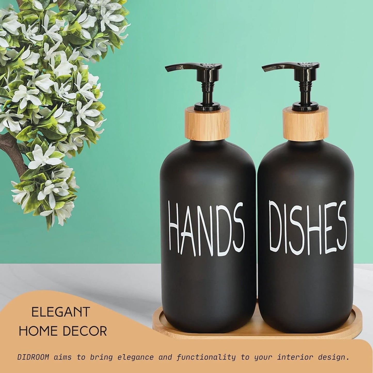 Glass Soap Dispenser Set with Bamboo Tray – Matte Black Vintage Pumps for Hand & Dish Soap, Kitchen & Bathroom Decor