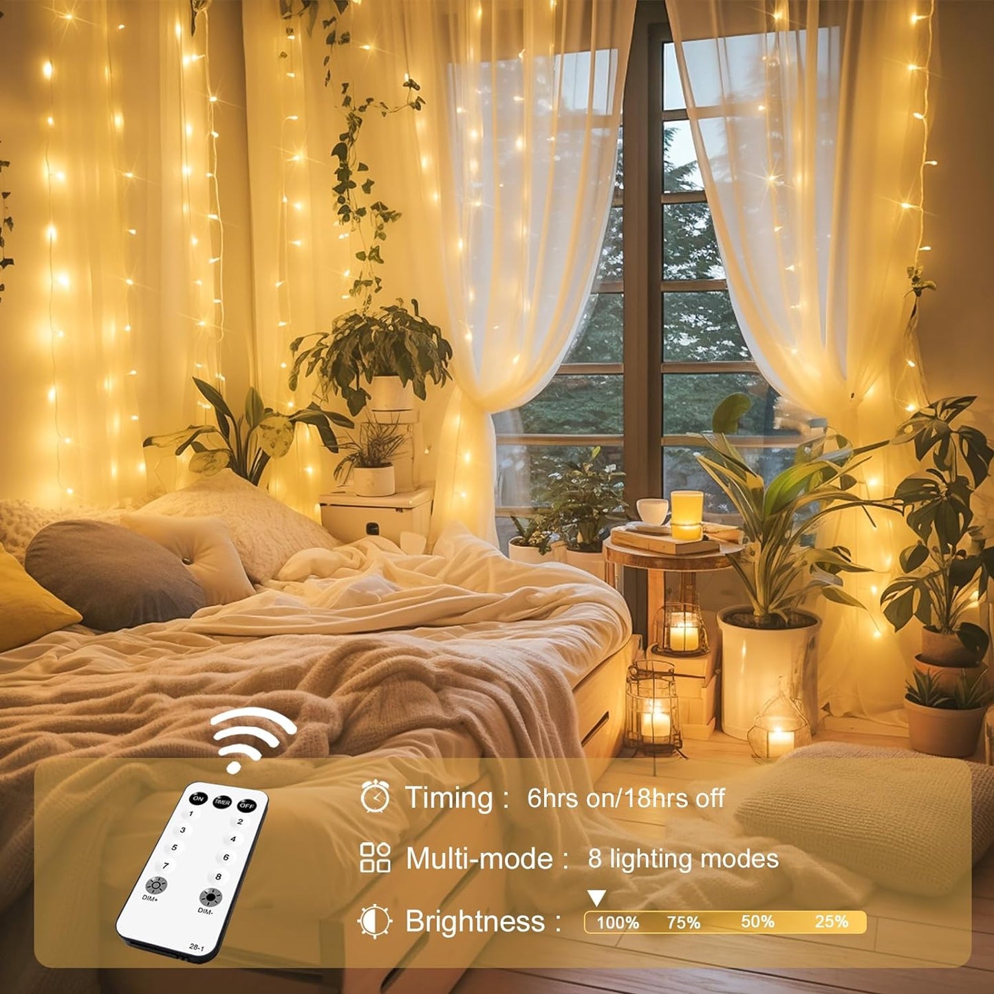 300 LED Warm White Fairy Curtain Lights – Remote-Controlled Plug-In String Lights for Indoor/Outdoor Wall & Window Decor