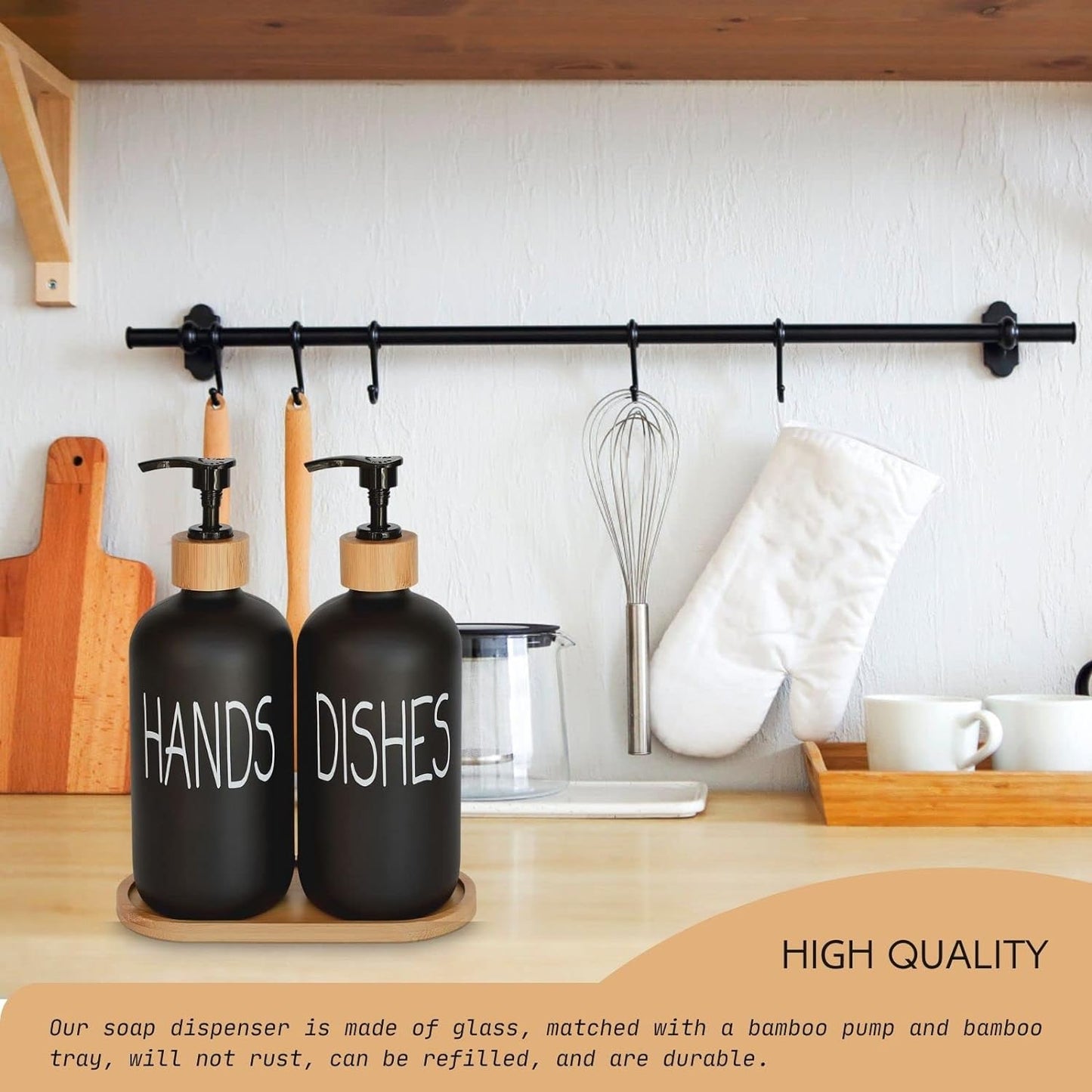 Glass Soap Dispenser Set with Bamboo Tray – Matte Black Vintage Pumps for Hand & Dish Soap, Kitchen & Bathroom Decor