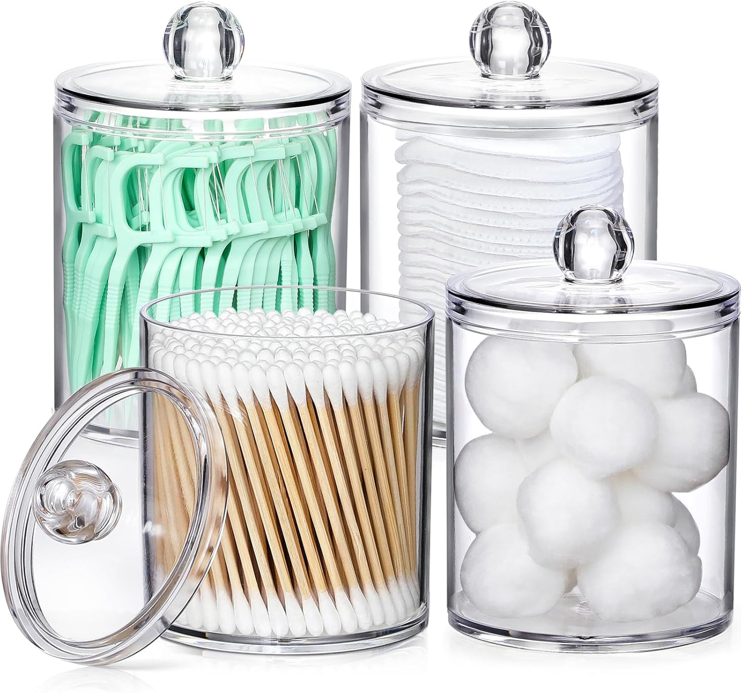 4-Pack Acrylic Qtip Holder Set – Clear Vanity Canisters for Cotton Swabs, Pads & Bathroom Essentials