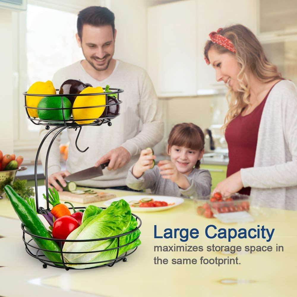 2-Tier Black Iron Fruit Basket Bowl with Banana Hanger – Countertop Storage for Fruits & Vegetables, 64 oz