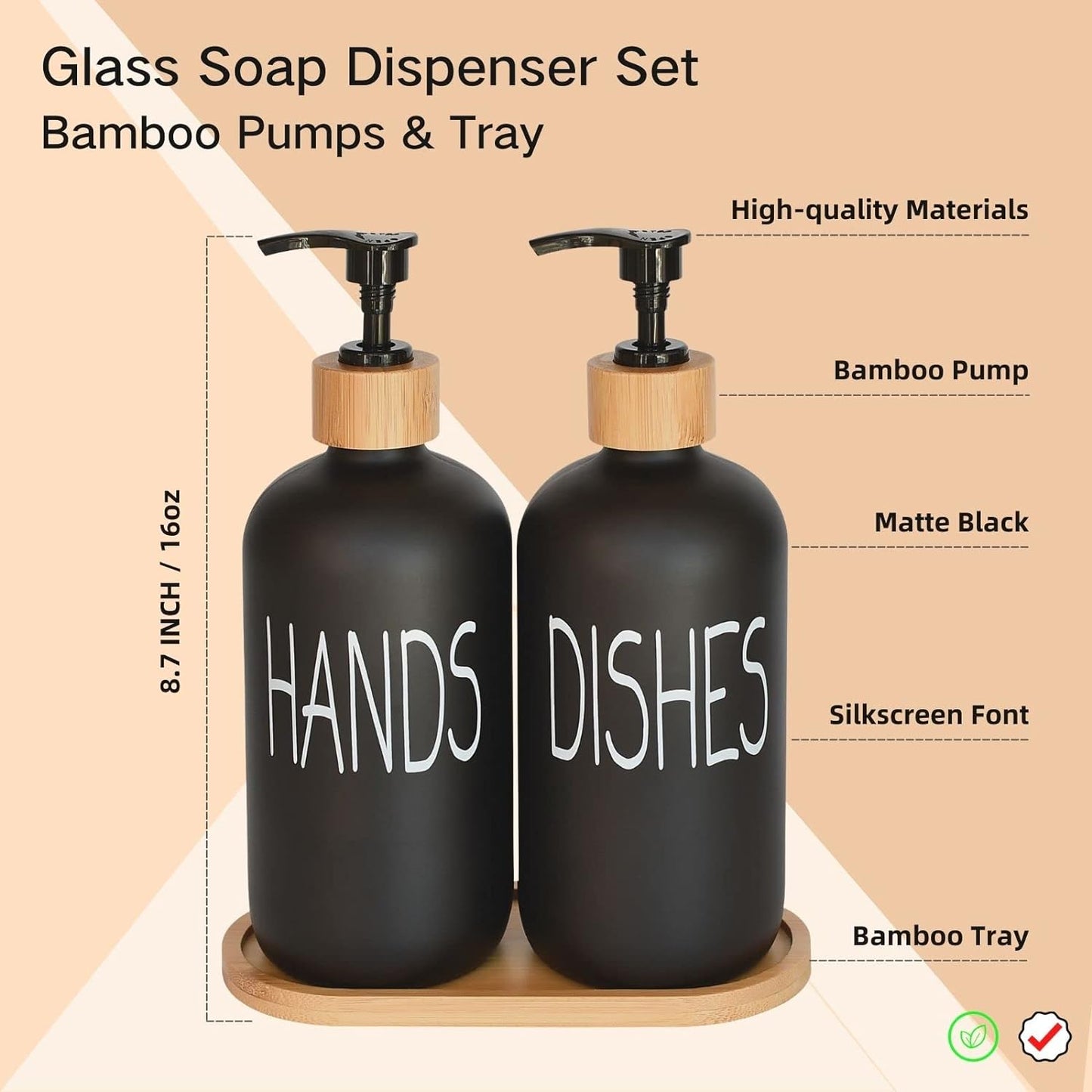Glass Soap Dispenser Set with Bamboo Tray – Matte Black Vintage Pumps for Hand & Dish Soap, Kitchen & Bathroom Decor