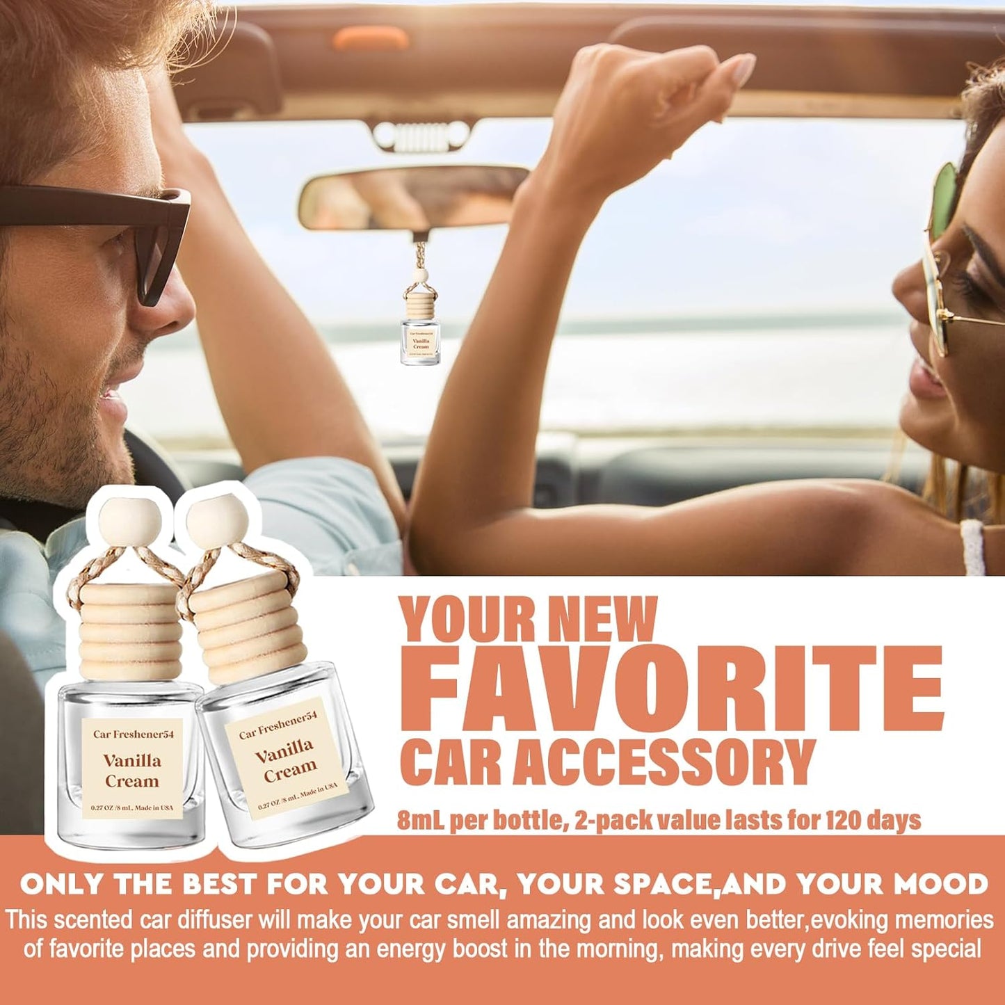 Car Air Freshener Diffuser 2 Pack – Vanilla Cream Hanging Fragrance Oil, Long-Lasting USA-Made Car Scent
