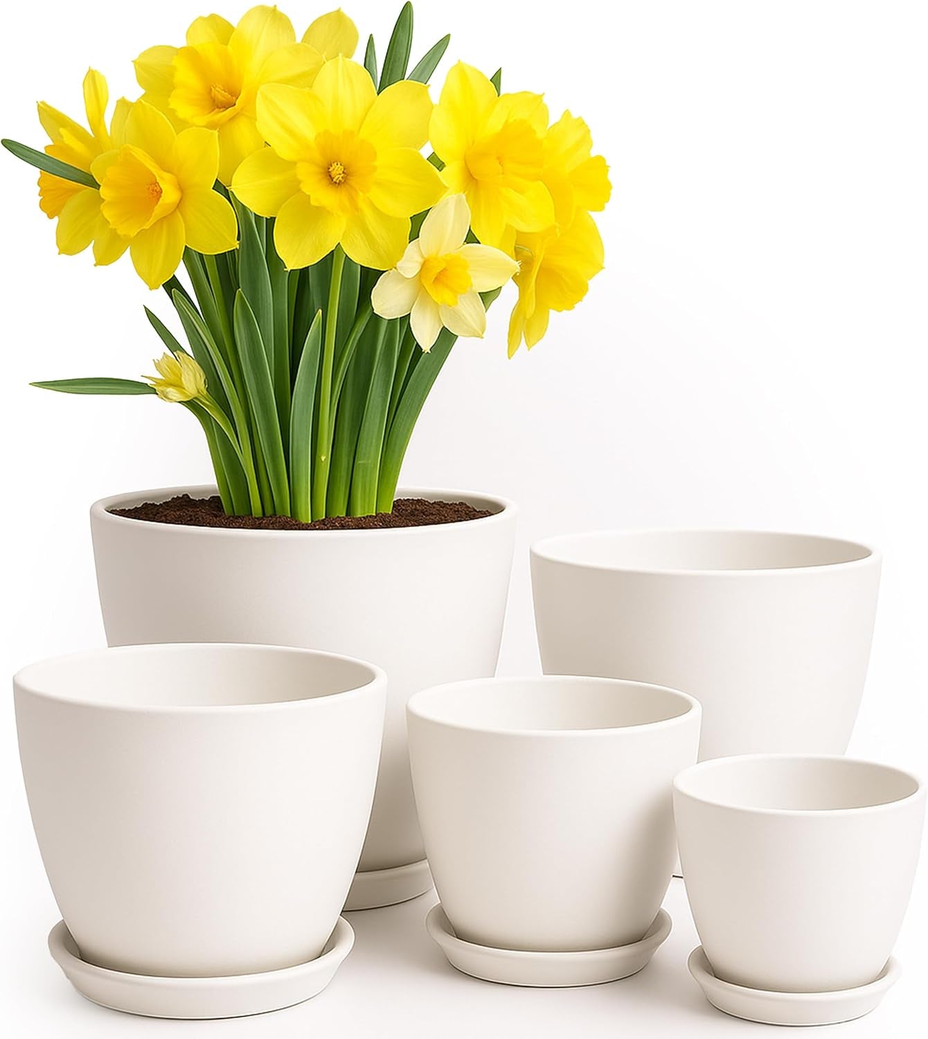 5-Pack White Indoor Plant Pots with Drainage – Modern Plastic Planters (7 to 4.8 Inches) for Home, Office & Gift Decor