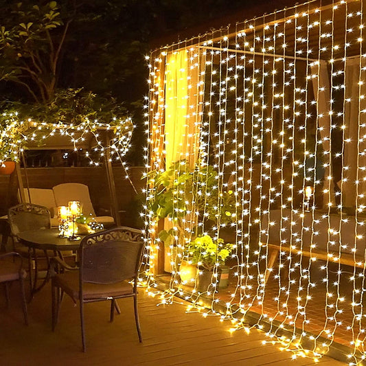 300 LED Warm White Fairy Curtain Lights – Remote-Controlled Plug-In String Lights for Indoor/Outdoor Wall & Window Decor