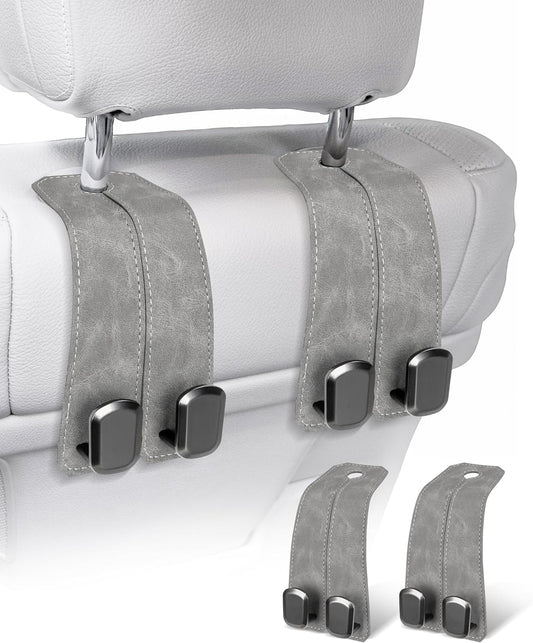 Car Purse Holder Hook, 2PCS Car Hooks for Headrest Luxurious Leather 100% Metal Car Hangers for Seat Multifunctional Car Bag Hook Car Seat Back Storage Hook Accessories (Grey)
